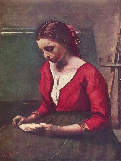 Jean-Baptiste-Camille Corot Lesendes Madchen in rotem Trikot oil painting image